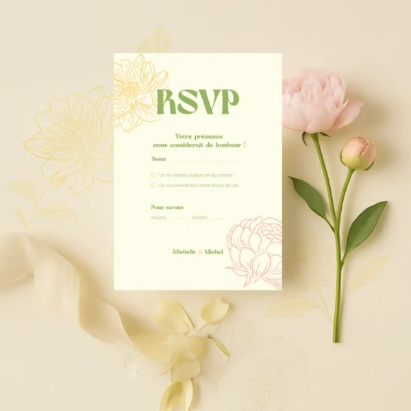 Visuel épuré avec grandes fleurs en fond et logo RSVP.
