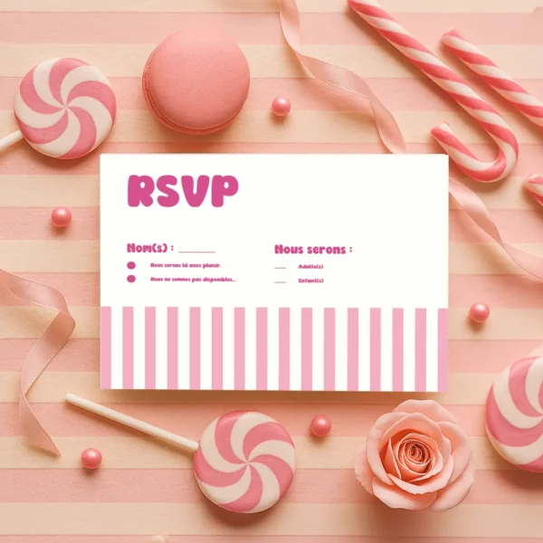 Carte RSVP horizontale rose à rayures avec cases à cocher, design clair et festif.