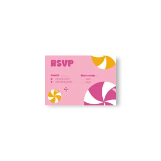 Carte RSVP rose avec zones à cocher et décor de sucettes orange et fuchsia.