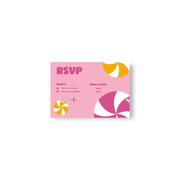Carte RSVP rose avec zones à cocher et décor de sucettes orange et fuchsia.