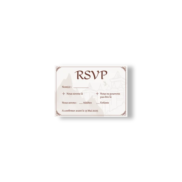 Carte RSVP mariage style médiéval avec cases à cocher, fond château et montagnes, typographie fantasy et coins décorés.