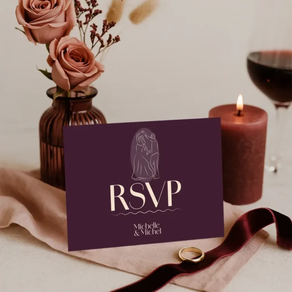 Carte RSVP de mariage Bordeaux avec illustrations festives recto-verso – modèle Dolce Vita Vinho