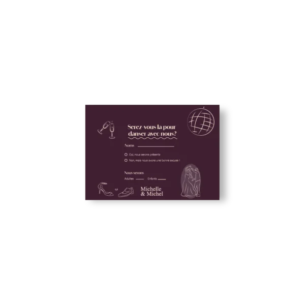 Carte RSVP de mariage Bordeaux avec illustrations festives recto-verso – modèle Dolce Vita Vinho