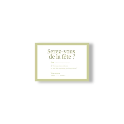 Carte RSVP vert olive avec encadrement graphique et texte clair, pour confirmer sa présence à un mariage avec style.