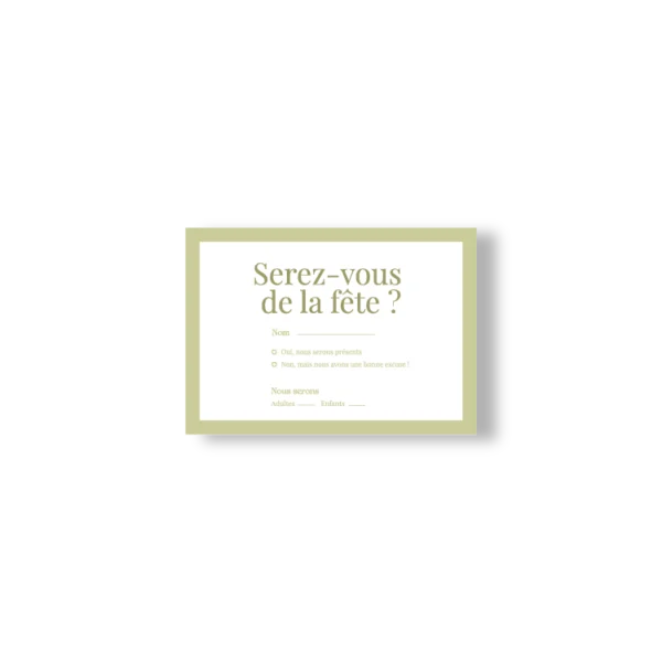 Carte RSVP vert olive avec encadrement graphique et texte clair, pour confirmer sa présence à un mariage avec style.