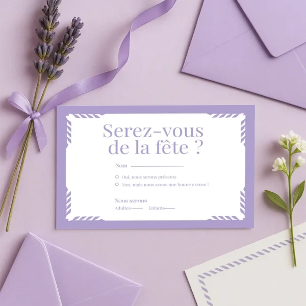 Carte RSVP de mariage lilas avec encadrement graphique et texte élégant, pour confirmer sa présence avec style.