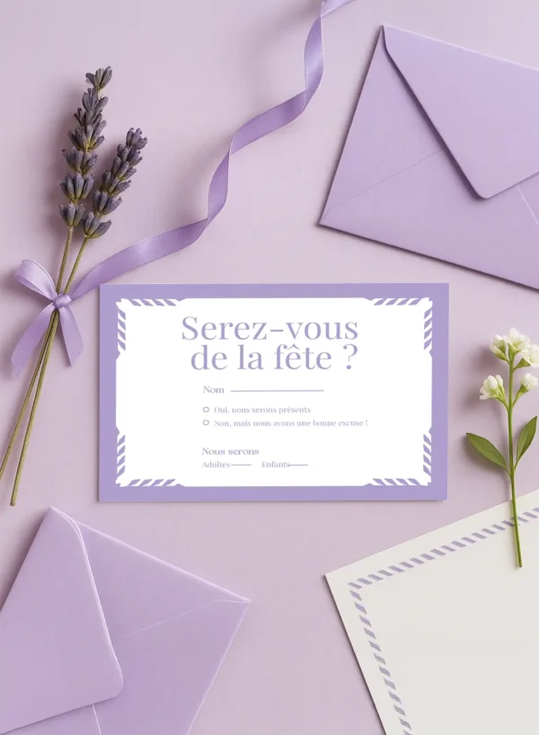 Carte RSVP de mariage lilas avec encadrement graphique et texte élégant, pour confirmer sa présence avec style.