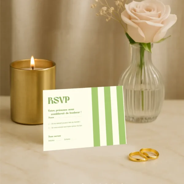 Carte RSVP de mariage rayée verte et crème avec texte humoristique et design printanier, assortie à la Collection Printemps.