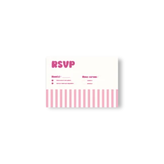 Carte RSVP horizontale rose à rayures avec cases à cocher, design clair et festif.
