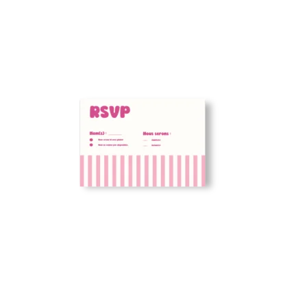 Carte RSVP horizontale rose à rayures avec cases à cocher, design clair et festif.