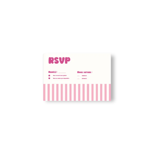 Carte RSVP horizontale rose à rayures avec cases à cocher, design clair et festif.