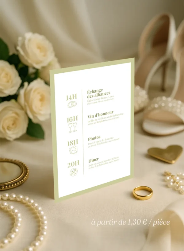 Faire-part mariage recto verso vert olive, avec prénoms et déroulé élégant du jour J.