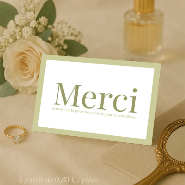 Carte de remerciement mariage vert olive avec typographie sobre et message de gratitude, au design minimaliste naturel.