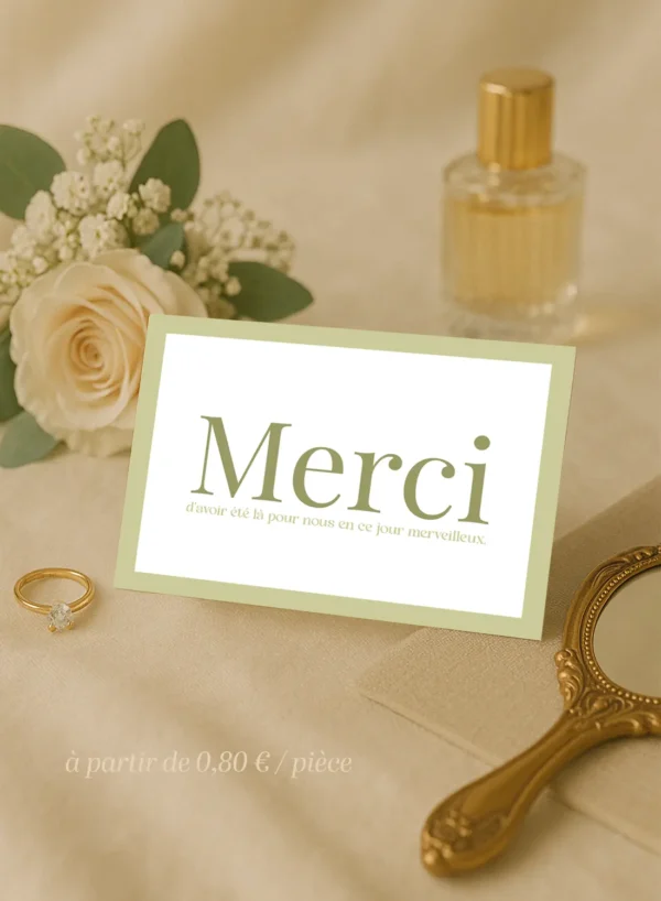 Carte de remerciement mariage vert olive avec typographie sobre et message de gratitude, au design minimaliste naturel.