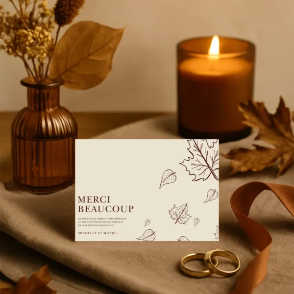 Carte de remerciement beige avec illustrations de feuilles marron et message “Merci Beaucoup” en typographie élégante, ambiance automnale.