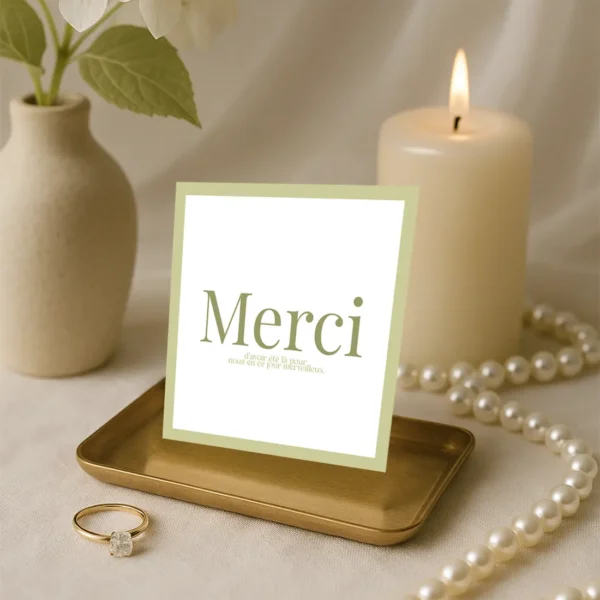 Carte de remerciement mariage vert olive avec typographie sobre et message de gratitude, au design minimaliste naturel.
