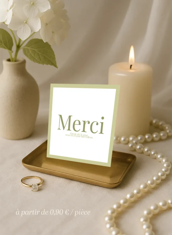 Carte de remerciement mariage vert olive avec typographie sobre et message de gratitude, au design minimaliste naturel.