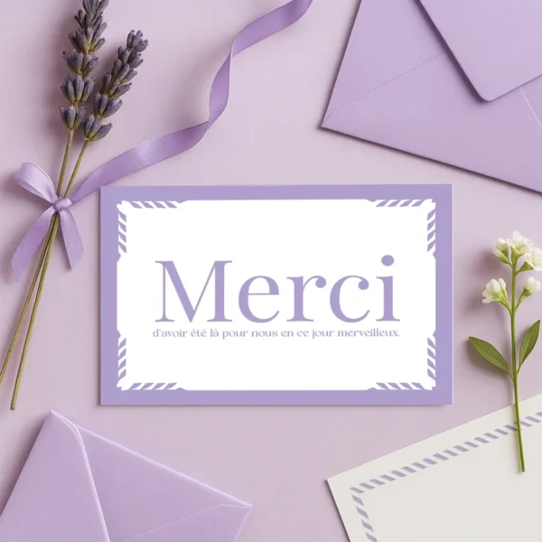 Carte de remerciement lilas avec le mot "Merci" en grand et un message doux, au design minimaliste et élégant.
