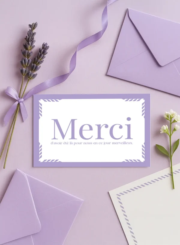 Carte de remerciement lilas avec le mot "Merci" en grand et un message doux, au design minimaliste et élégant.