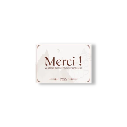 Carte de remerciement mariage fantasy avec "Merci", château, montagnes, dragon et épées croisées en fond.