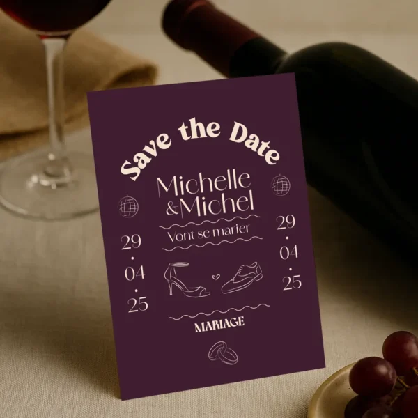 Carte Save the Date mariage Bordeaux avec illustrations festives – modèle Dolce Vita Vinho