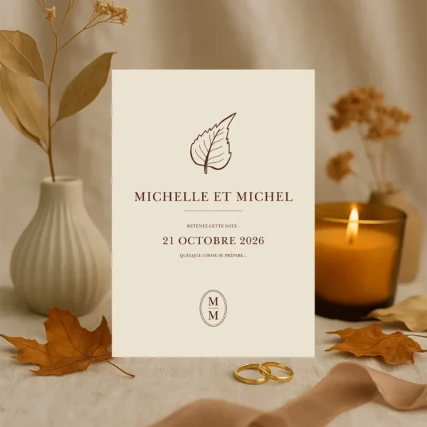 Carte Save the Date beige avec illustration de feuille, prénoms, date du mariage et message “Quelque chose se prépare...”, style automnal raffiné.
