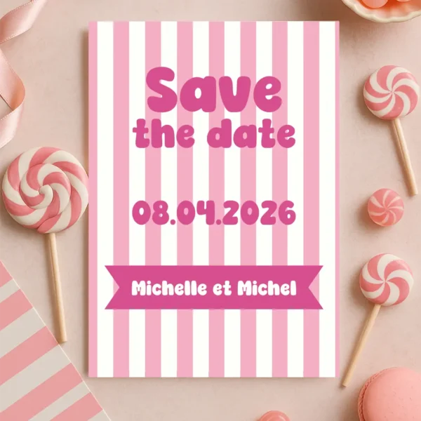 Save the Date rose à rayures avec date au centre et prénoms sur un ruban fuchsia, style rétro et sucré.