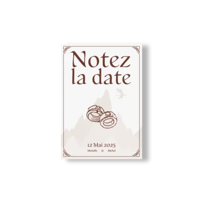 Un Notez la date fantasy avec montagnes, anneaux et oiseau, dans un style médiéval épuré aux détails décoratifs.