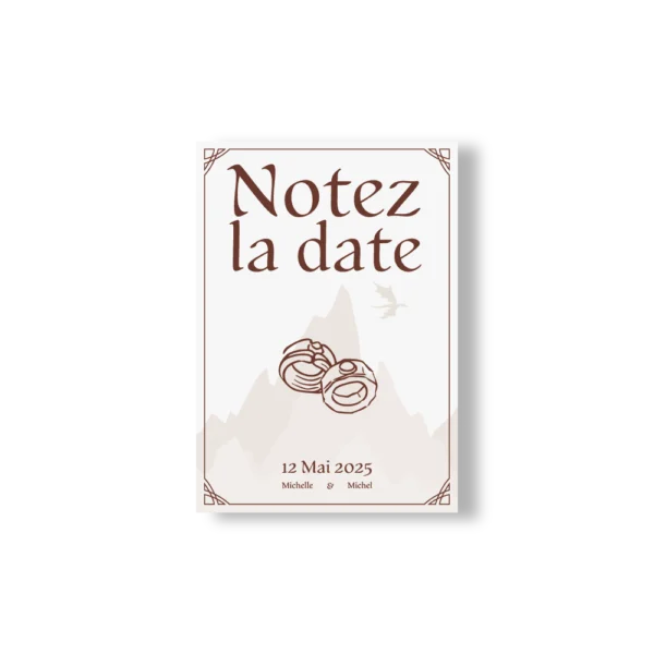 Un Notez la date fantasy avec montagnes, anneaux et oiseau, dans un style médiéval épuré aux détails décoratifs.