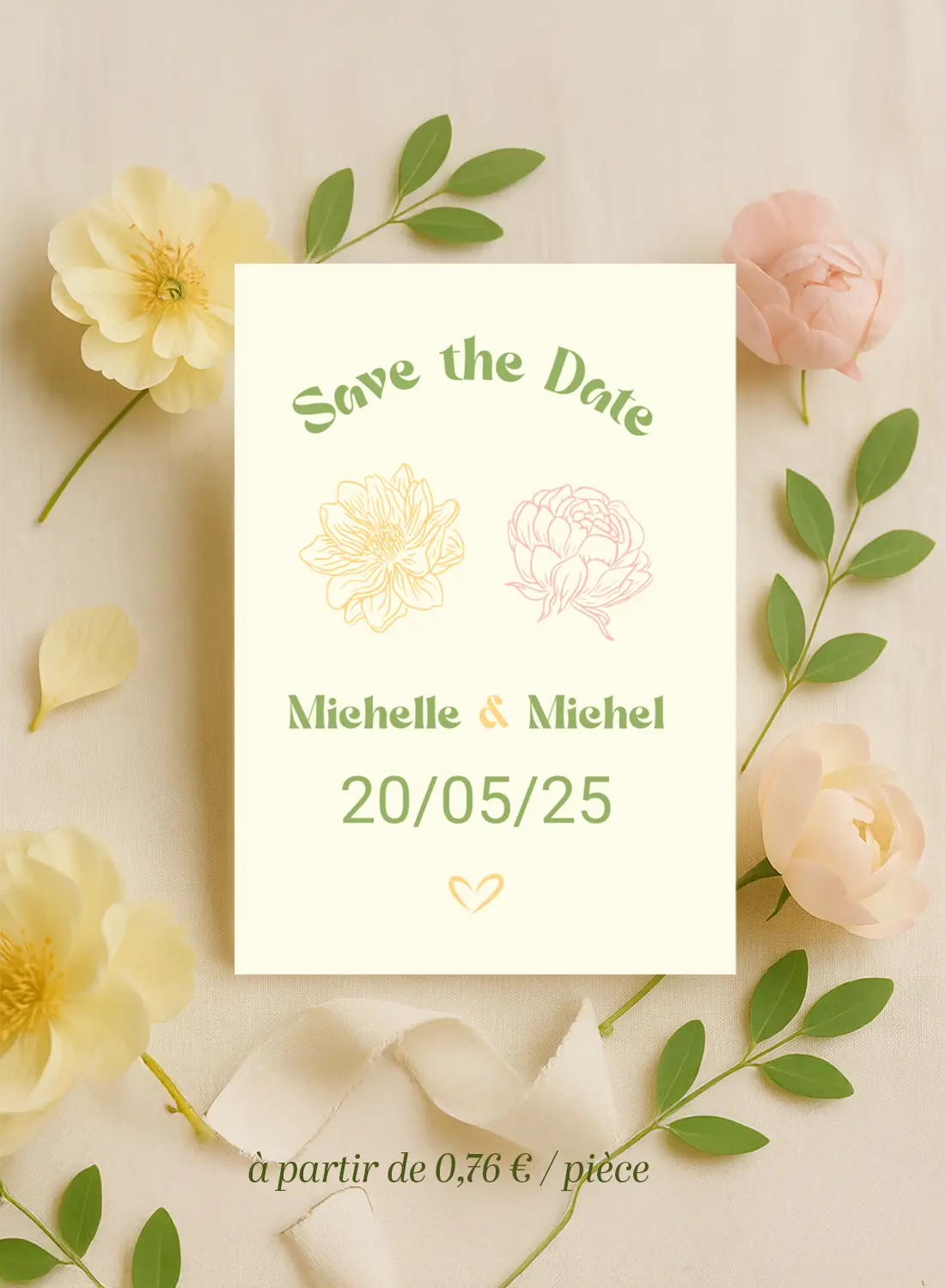 Carte Save the Date avec date centrée, fleurs jaune et rose dessinées, typographie en arche et cœur final, ambiance douce et champêtre.