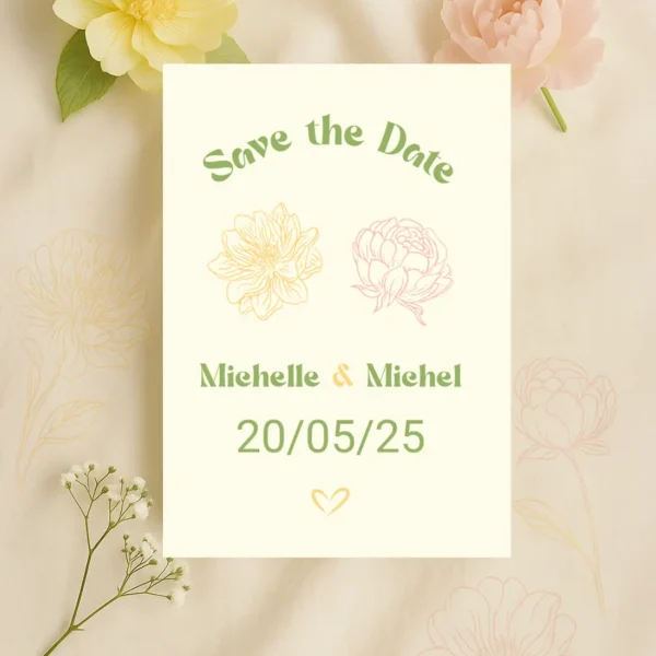 Carte Save the Date avec date centrée, fleurs jaune et rose dessinées, typographie en arche et cœur final, ambiance douce et champêtre.