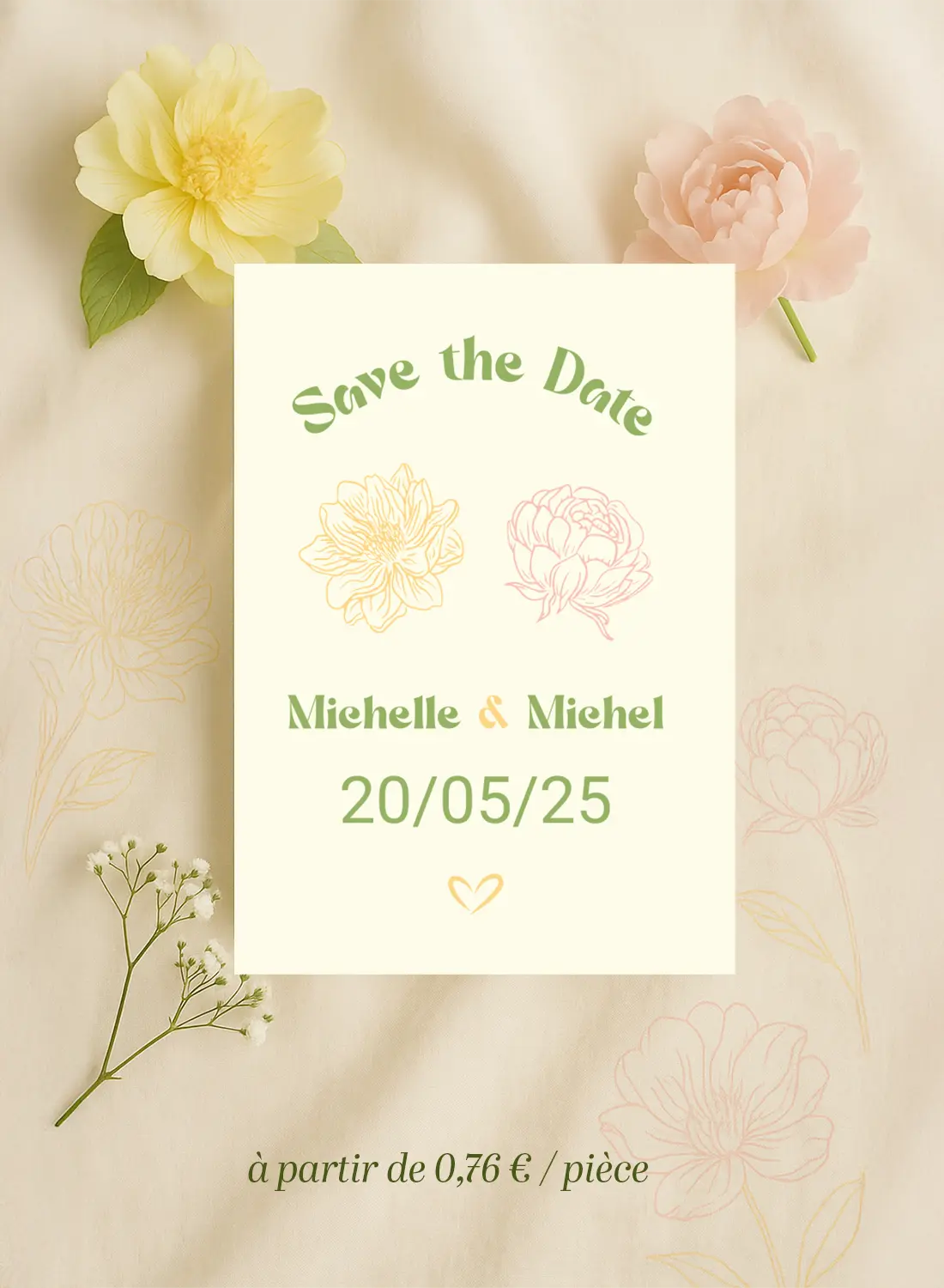 Carte Save the Date avec date centrée, fleurs jaune et rose dessinées, typographie en arche et cœur final, ambiance douce et champêtre.