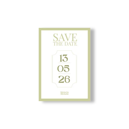 Carte Save the Date mariage vert olive avec date centrale et design épuré, pour annoncer élégamment le jour J.