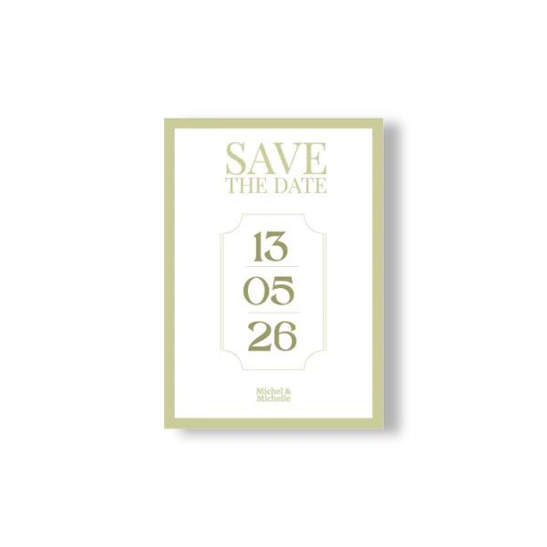 Carte Save the Date mariage vert olive avec date centrale et design épuré, pour annoncer élégamment le jour J.