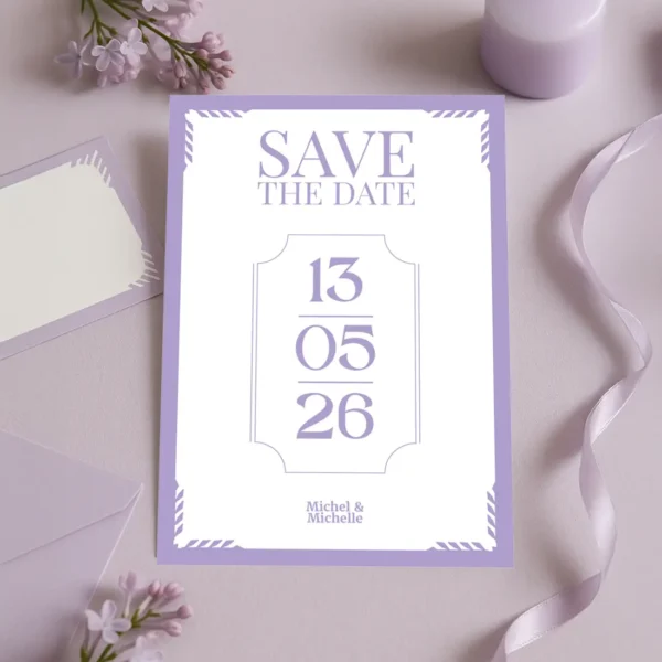 Carte Save the Date lilas et blanche au design épuré, avec date centrée et prénoms en bas, encadrée de motifs graphiques doux.
