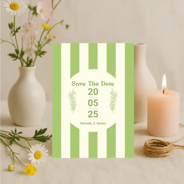 Une carte à rayure verte et crème très printanière pour annoncer votre mariage
