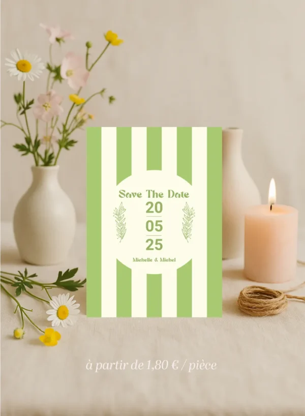 Une carte à rayure verte et crème très printanière pour annoncer votre mariage