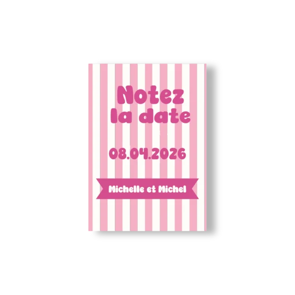 Carte “Notez la date” à rayures roses avec date centrale et ruban fuchsia en bas.