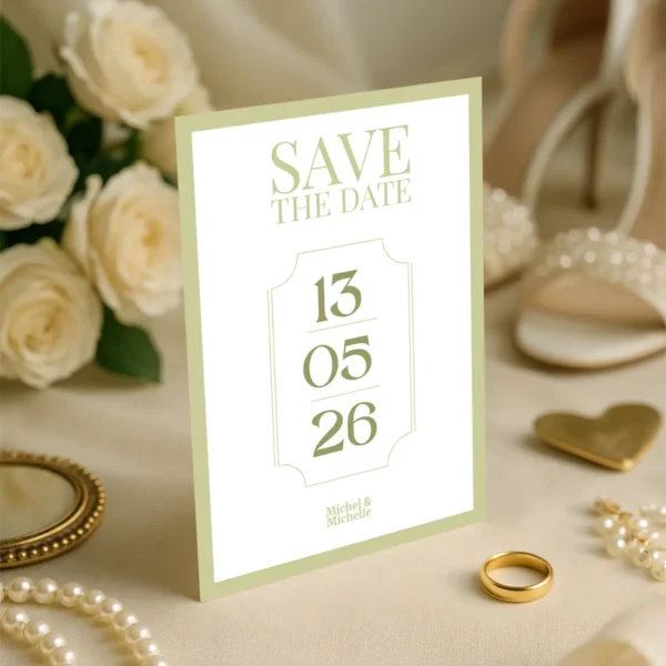 Carte Save the Date mariage vert olive avec date centrale et design épuré, pour annoncer élégamment le jour J.
