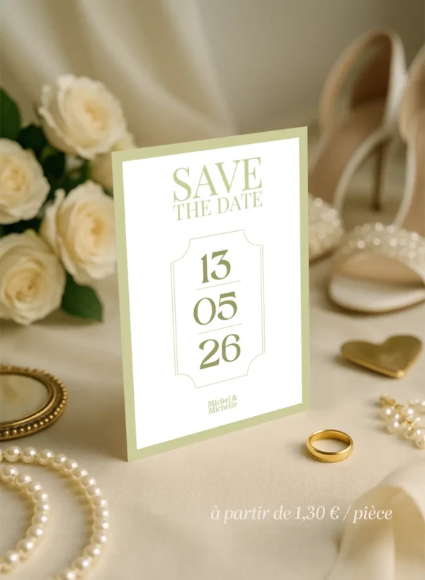 Carte Save the Date mariage vert olive avec date centrale et design épuré, pour annoncer élégamment le jour J.