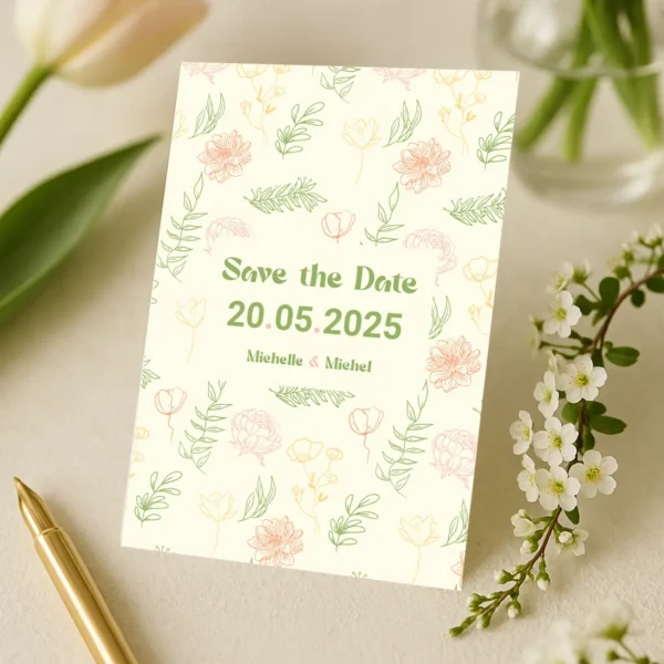 Carte “Save the Date” florale pour mariage, fond crème avec illustrations naturelles dans les tons vert, rose et jaune, texte centré avec la date