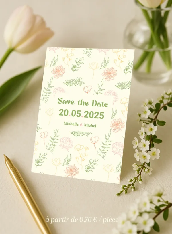 Carte “Save the Date” florale pour mariage, fond crème avec illustrations naturelles dans les tons vert, rose et jaune, texte centré avec la date