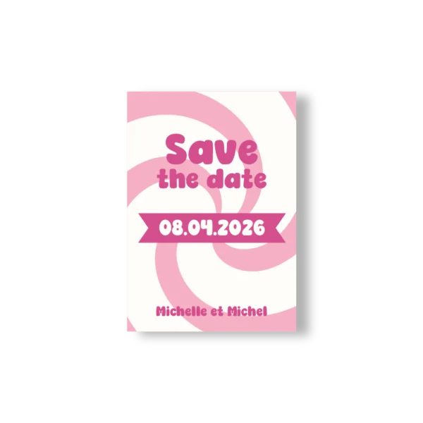 Save the Date rose avec spirales bonbon et texte fuchsia, ambiance gourmande et joyeuse.