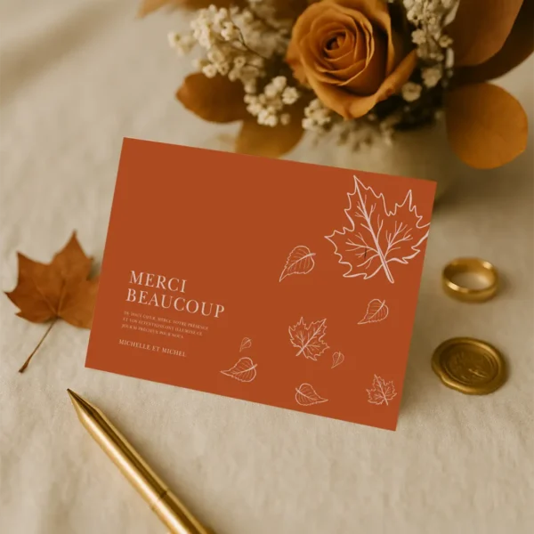 Carte Ambre Doux au format carte postale avec de jolies feuilles automnales. Design élégant et réconfortant pour vos remerciements de mariage.