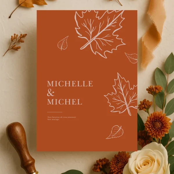 Faire-part Ambre Doux aux prénoms stylisés et feuilles illustrées. Une mise en page aérée pour une première impression raffinée.