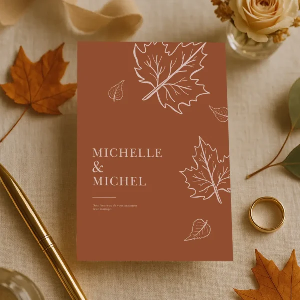Faire-part recto-verso terracotta à feuilles d’automne. Idéal pour annoncer un mariage chaleureux et élégant.