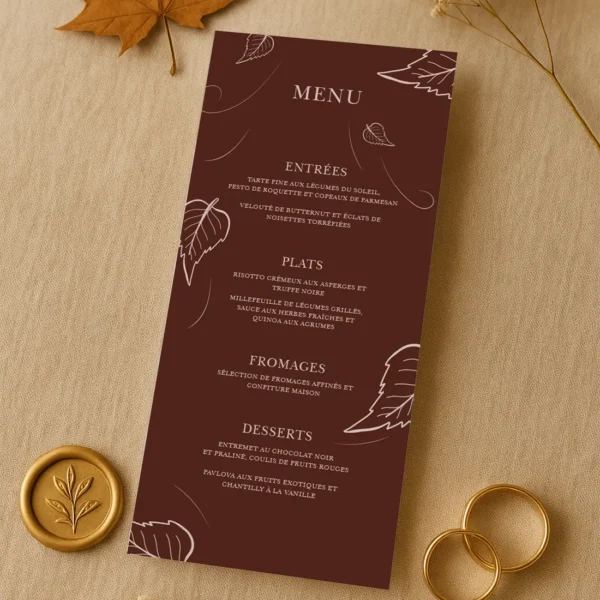Menu de mariage au brun profond et aux illustrations automnales. Idéal pour une décoration de table sobre, élégante et de saison.