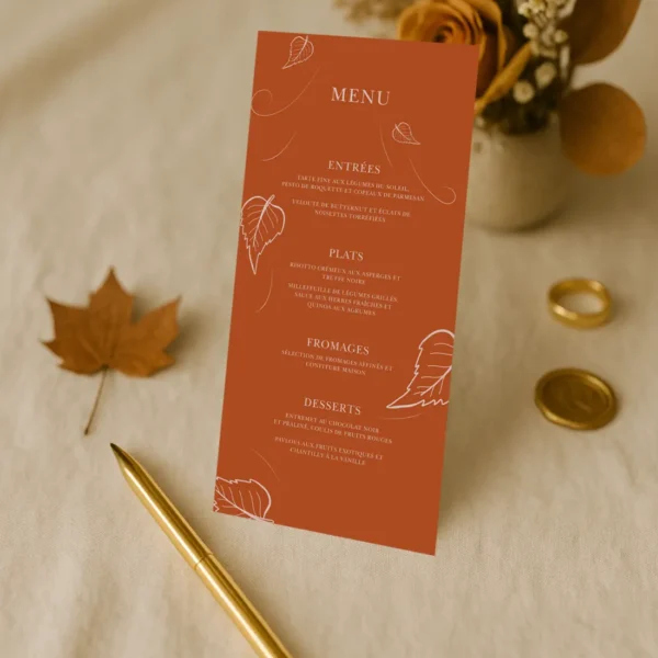 Menu vertical caramel Ambre Doux avec feuilles automnales. Un détail élégant et lumineux pour une table de mariage raffinée.