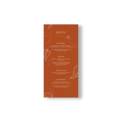 Menu vertical terracotta aux feuilles d’automne, format DL élégant, sobre et parfaitement de saison.