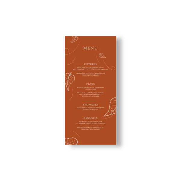 Menu vertical terracotta aux feuilles d’automne, format DL élégant, sobre et parfaitement de saison.